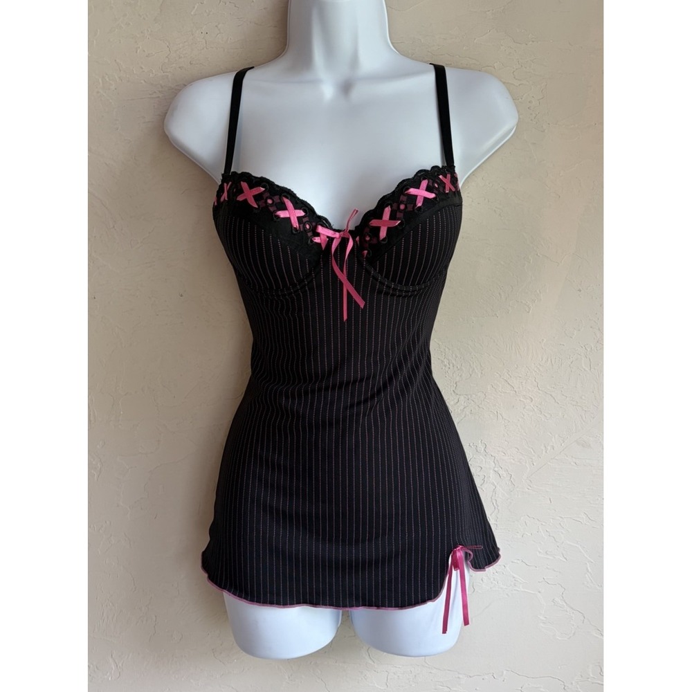 Vintage Y2K Pinstripe Cami Tank Bustier Bra Top 34C Emo Coquette Lace Up Bow